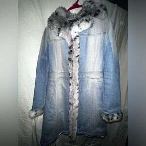 Burberry Blue Label Long Denim Jacket with Fur